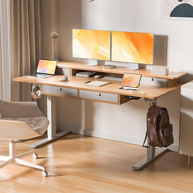 Electric Standing Desk, 63 * 30 Inches Adjustable Height with 4 Drawers, Double Storage Shelves, Home Office Workstation Sit Stand up Desk (Nature)