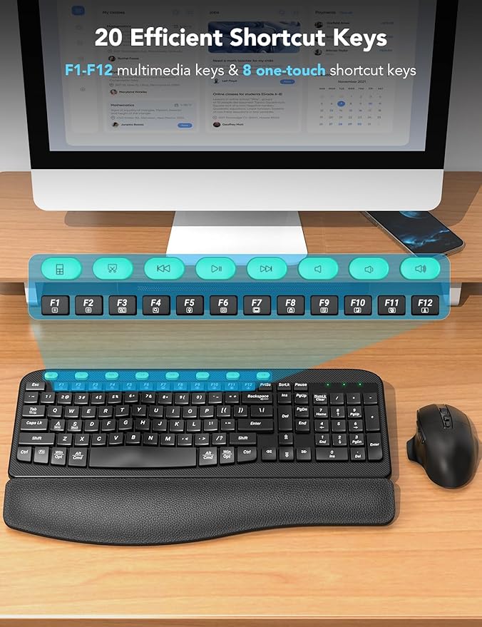 Wireless Keyboard and Mouse Combo – Ergonomic Wave Key, Built-in Leather Soft Palm Rest, 2.4G Full Size, 8 Hotkeys, 6-Button Mouse with 4-Level DPI, Dual USB-A/USB-C, Windows & macOS Compatible