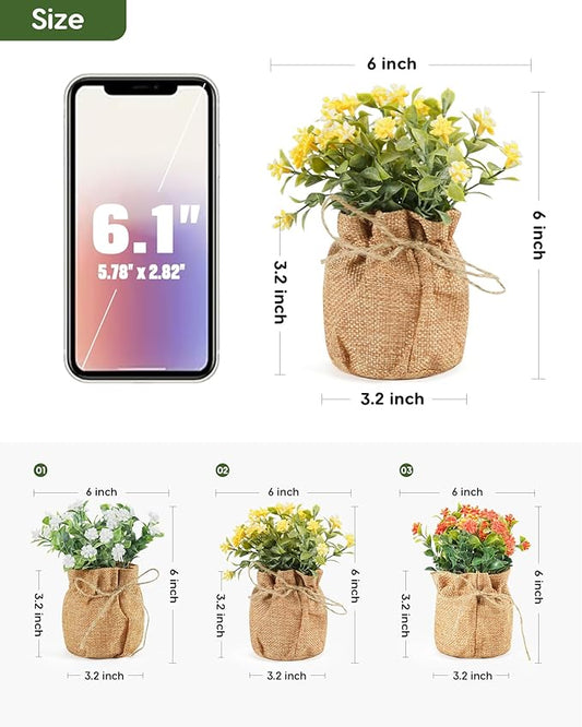 Velener Artificial Flowers in Small Burlap Bag Vases 3Pcs - Faux Flowers Farmhouse Home Coffee Table Bookshelf Office Desk Decor Kitchen Dining Room Fake Plants Indoor(Red/White/Yellow)