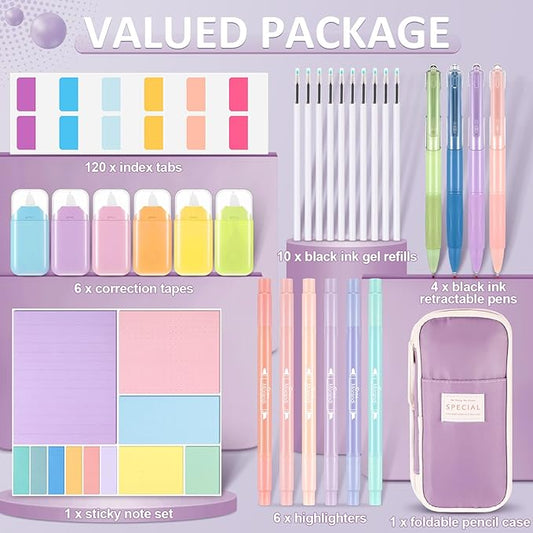 Janlaugh 38 Pcs Aesthetic College School Supplies with Pen Case Sticky Notes Gel Pens Highlighters Correction Tapes Back to School Stationery Kit(Candy Color,Cute)