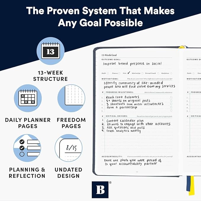 BestSelf 13-Week Self Journal & Goal Planner – Undated Daily ADHD-Friendly Journal for Men & Women | Productivity, Gratitude, Reflection & Habit Tracker | 2025 Life Organizer with Prompts, Distance Navy