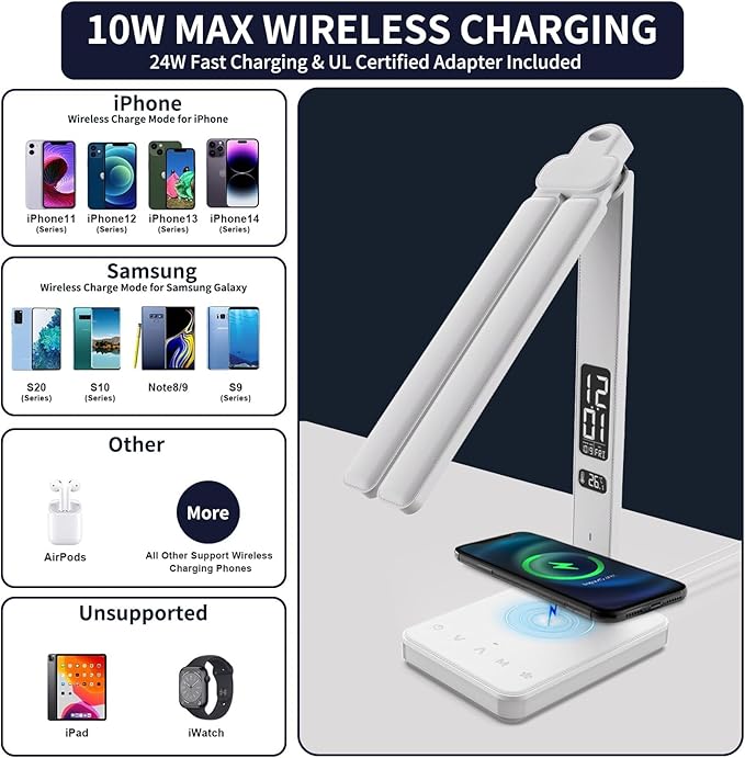 LED Desk Lamp with Wireless Charger, USB Charging Port, Dual Swing Arm Desk Light with 5 Brightness, 3 Colors, Table Lamp with Clock, Alarm, Date, Temperature, Desk Lamp for Home Office Study (White)