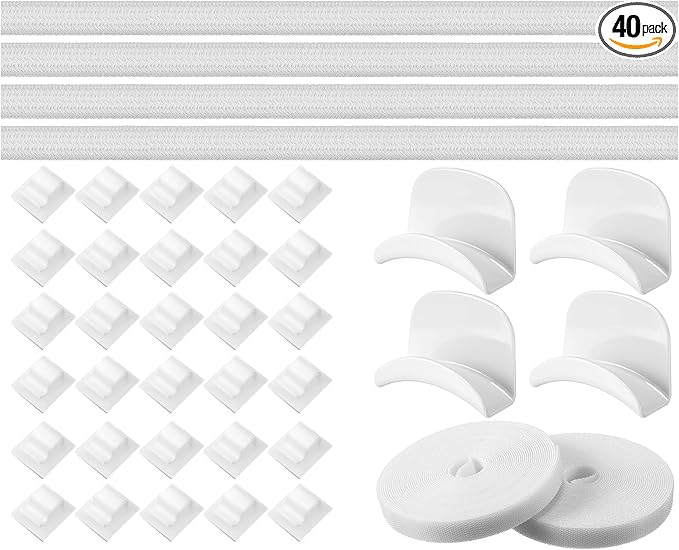 40 Pcs Cable Management Organizer Kit Include Retaining Wire Clips Wire Organizer Sleeve Cable Ties Headphone Hanger Holder for Computer (White)