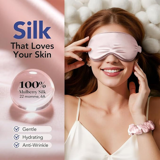 LitBear 100% Pure Silk Sleep Mask, 22 Momme 6A Mulberry Silk Fabric and Filling, Total Light Blocking Eye Mask Sleeping for Women, Men, Side Sleepers, Includes Travel Pouch and Scrunchie