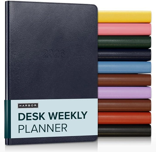 Harbor Desk Weekly Monthly Planner 2025-2026 - Calendar Planner and Notebook, Durable Faux Leather, 192 Pages, Softcover & Book Bound - Leida Navy - 8x5.5"