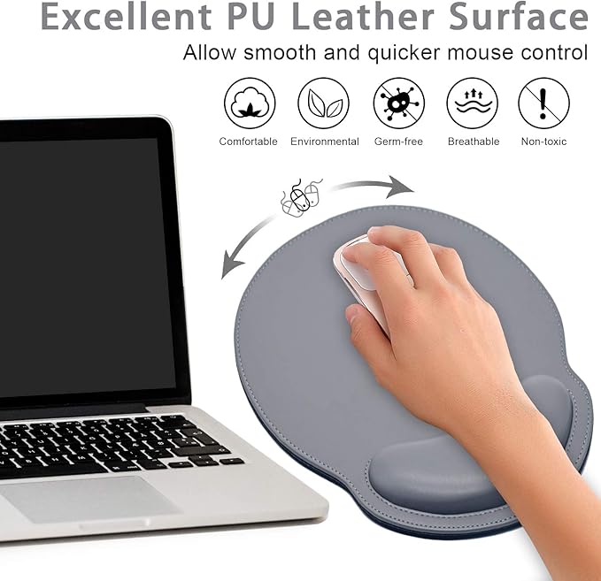 Mouse Pad Leather Wrist Rest Support, Ergonomic Memory Foam Mouse Wrist Rest Pad with Non Slip Rubber Base, Durable, Comfortable Mousepad for Computer Pain Relief at Home, Office, Work Travel, Grey