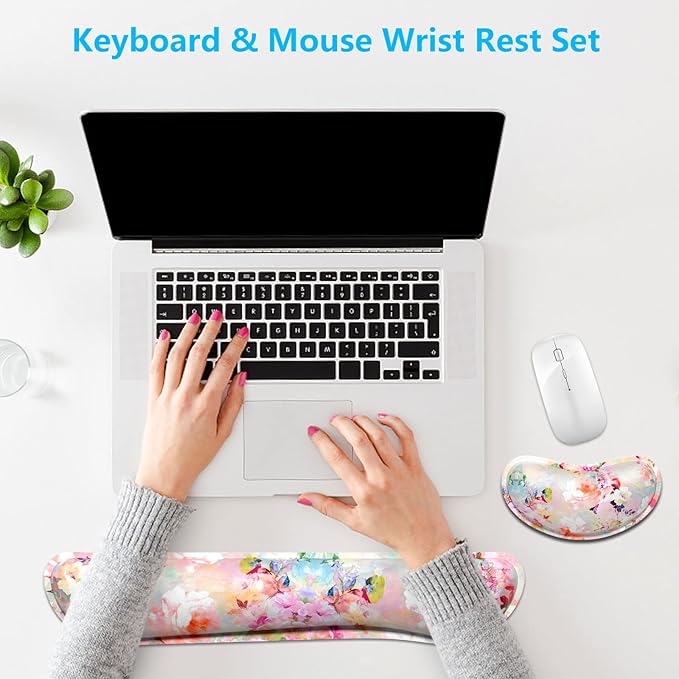 Dapesuom Enlarge Keyboard Wrist Rest, Memory Foam Wrist Cushion for Desk Mats Support, Cute Flower Pain Relief Keyboard Mouse Pad Rests Set with Non-Slip Base for Gaming Laptop Office, Peonies Floral