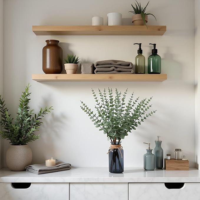 Leftover 18.8" Artificial Eucalyptus Stems in Black Glass Vase,Fake Plant Eucalyptus Plant for Centerpiece Table Decorations Black Bathroom Farmhouse Home Decor