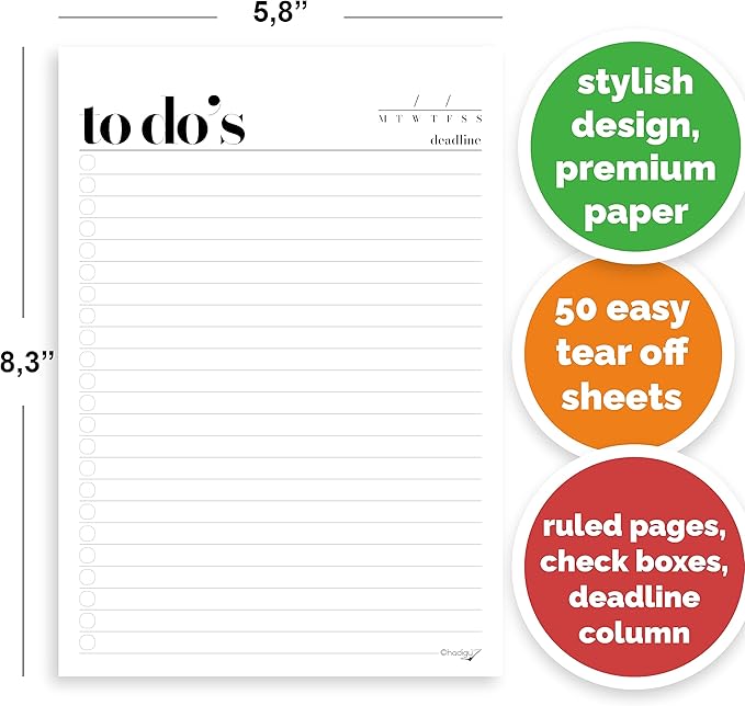HADIGU To Do List Notepad A5 Size (8.3"x5.8") Premium Thick Paper With Cardboard Back Support, Undated Daily Planner Notepad, Daily To Do List Notebook, Ruled Pages, Checkboxes, Deadline Column.