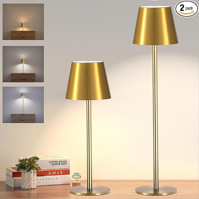 2 Pack Gold Cordless Table Lamp Rechargeable, Metal Small Bedside Table Lamp with 3 Adjustable Pole, 5400mAh Battery Operated Touch Lamp for Bedroom Kitchen Dining Waterproof & Portable
