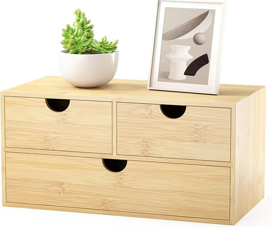 Bamboo Desk Organizer with Drawers - Small Desktop Countertop Mini Tabletop Storage Container - No Assembly Required