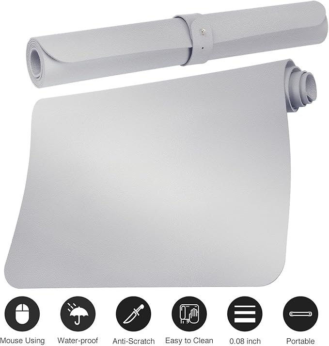 Boutilon Leather Desk Pad Protector,Non-Slip Mouse Pad,Laptop Desk Pad,Office Mouse Mat,Waterproof Leather Desk Blotter,Desk Writing Pad for Office and Home (L-Silver,35"x 17")