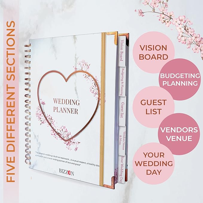 Beautiful Bridal Wedding Planner - 9" x 11" Wedding Planner Book and Organizer with 5 Tabbed Sections, 144 Pages, Countdown Calendar, Metal Corners and Elastic Band - Premium Engagement Gift for Future Brides