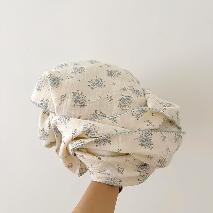 BuLuTu Blue Floral 100% Cotton Muslin Blanket Soft Lightweight Toddler Bed/Crib Quilt Shabby Chic Flower Theme Swaddle Blanket for Girls Boys Bedding Gift Room Decor, Fressia, 47"x51"