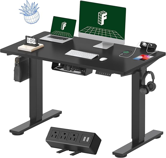 FLEXISPOT EN2 Whole-Piece Standing Desk with Clamp Power Strip, 48x24'' Electric Stand Up Height Adjustable Desk with Cable Management (Black Frame + 48" Black Table Top)