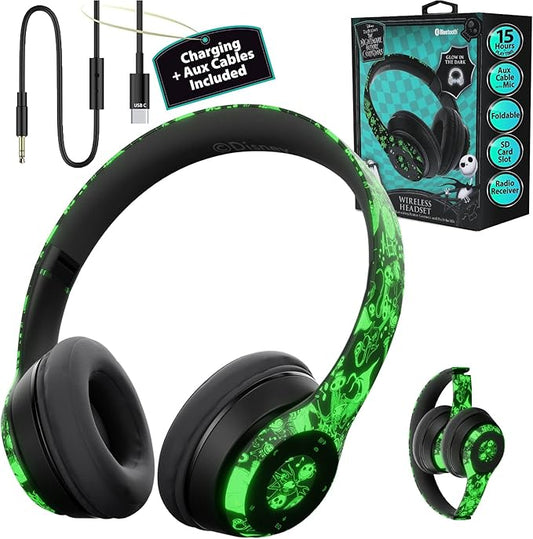 iJoy Disney Nightmare Before Christmas Glow in The Dark Bluetooth Headphones Over Ear, Wireless and Wired Foldable Headset Built-in Microphone - Tim Burton Jack Skellington & Sally - Adults Kids