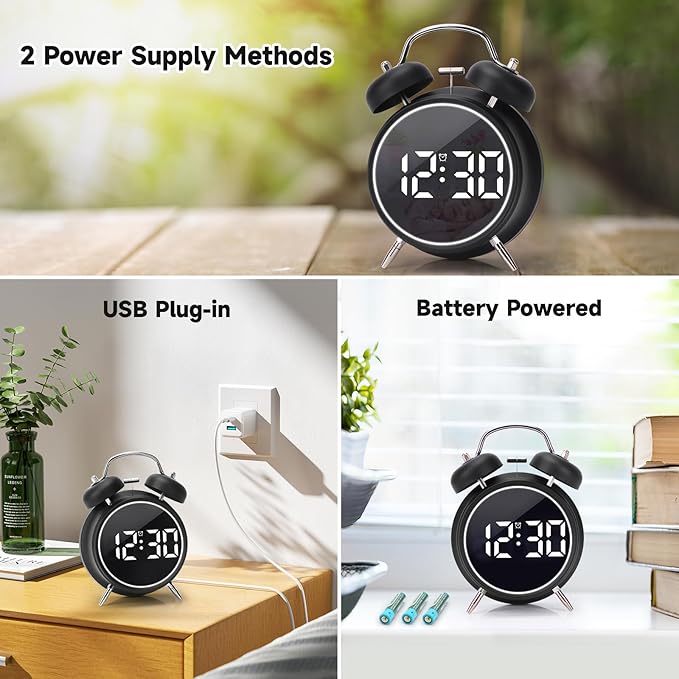 Digital Small Alarm Clock, 4.5 Inch Double Bell Electronic LED Alarm Clock, Plug in or Battery Operated Silent Metal Table Clock, Modern Loud Bedside Clock for Heavy Sleepers Adults Kids (Black)