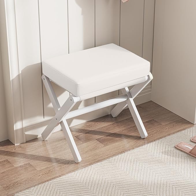 Foldable Foot Stool Ottoman, Modern Foot Rest with Bamboo X Legs & Thick Foam Cushion, Folding Foot Stools Small Padded for Bedroom Living Room, Makeup Vanity Stool Chair (White - White)