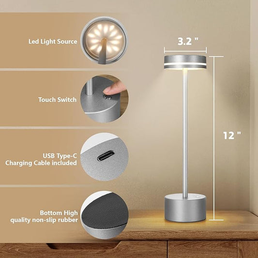2 Pack Cordless Table Lamp,Bedside Table Lamp for Bedroom,5000mAh Battery Operated Portable LED Desk Lamp,3 Way Dimmable Touch Lamp USB C Charging Ports for Living Room, Desk,Dining Room(Silver)