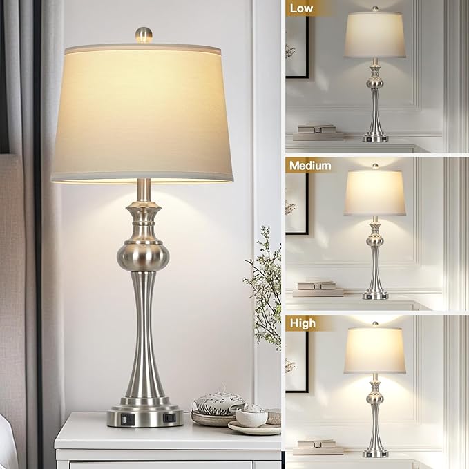 28.75" Silver Table Lamps for Living Room,3 Way Touch Control Table Lamp, Bedside Desk Lamp with Metal Base Modern Nightstand Lamp Simple Side Table Lamp for Bedroom,Office,LED Bulb Included