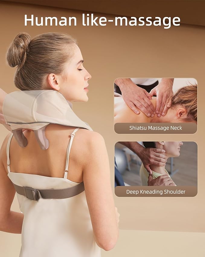 Neck Massager for Pain Relief deep Tissue Relieves Tension Kneading Massager with Heat Improves Circulation Eases Muscle Soreness,Ideal Gifts(Beige)