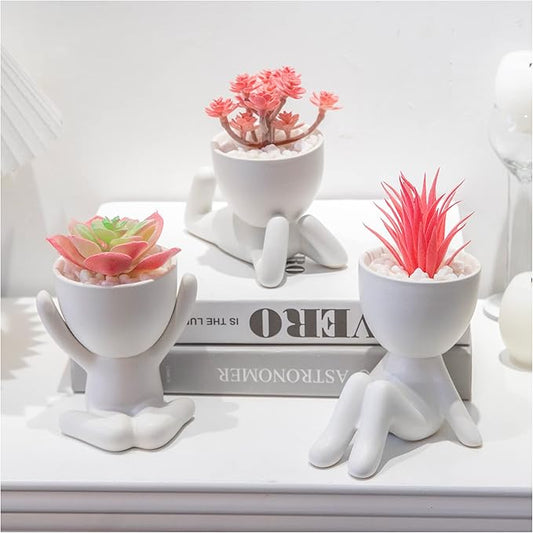 3PCS Human-Shaped Potted Artificial Plants Office Decor for Women and Men, Small Fake Plants Decor for Bedroom and Bathroom, Cute Faux Succulent Desk Decor for Office and Home, Pink