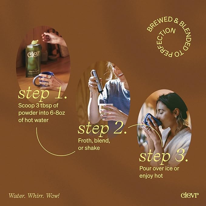 Clevr Blends Mushroom Coffee Latte, Instant Powder with Oat Milk, Lions Mane, Reishi Mushroom, Arabica Coffee Beans Medium Roast Fair Trade, Coconut Cream, Ashwagandha, Serve Hot or Iced, (14 Lattes)