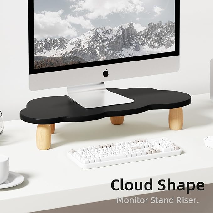 Cloud-Shaped Sturdy Wood Monitor Stand Riser, Multi-Purpose Desktop Organizer for Computer, Laptop, Printer, TV - Black