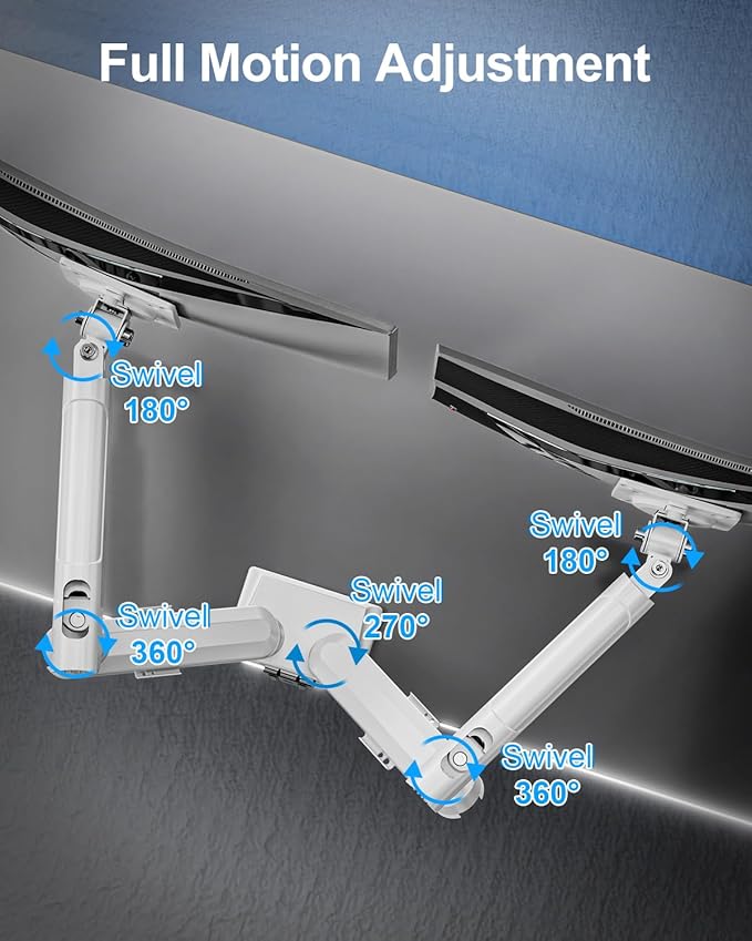 Dual Monitor Arm Fits 17 to 32 Inch Computer Screen, 22lbs per Arm, Full Motion Monitor Desk Mounts for 2 Monitors, Gas Spring Desk Mount, VESA Mount White, Freelift Pro