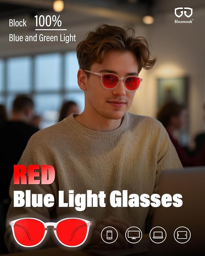 Bloomoak 99% Orange Blue Light Blocking Glasses,Retro Trendy Round Style,Relieve Eye Fatigue,Improve Sleep For Screens/Games