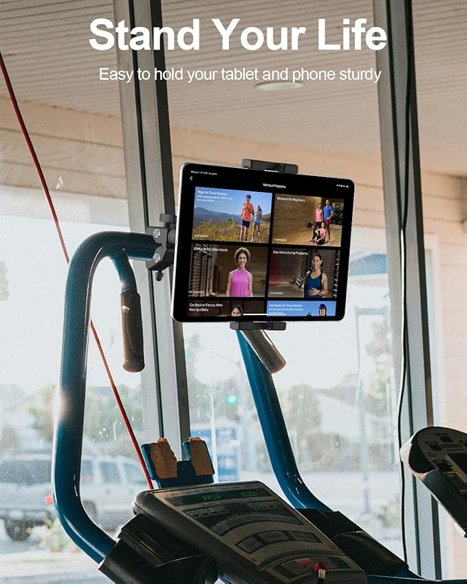 Aluminum Spin Bike Tablet Mount Camera Clamp, Handlebar Clip Tablet Holder for Exercise Bicycle, Indoor Treadmill, Stationary Bike for iPad Pro 12.9, Air, Mini, iPhone, Fire HD, e-Books, 4-13" Devices