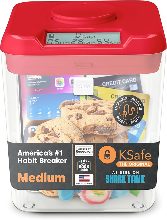 Kitchen Safe Time Locking Container (Medium), Timed Lock Box for Cell Phones, Snacks, and other unwanted temptations (Red Lid + 5.5” Clear Base with Access Port)