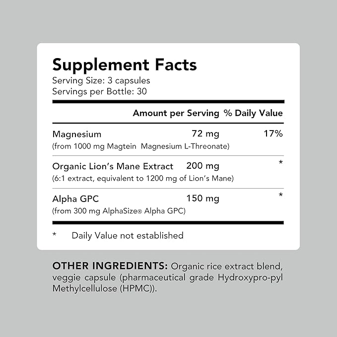 AMANDEAN Brain Supplement. Nootropic Cognitive Support for Memory, Focus, Clarity. Magnesium L-Threonate (Magtein), Lion's Mane Mushroom Extract, Alpha GPC Choline Complex. 90 Veggie Capsules.