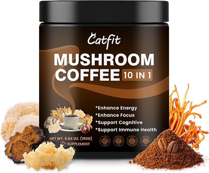 Mushroom Coffee Powder, 10 Mushroom Blend Supplements with Lion's Mane, Chaga, Cordyceps, L-Theanine for Energy, Focus, Cognitive and Immunity, 50 Serving