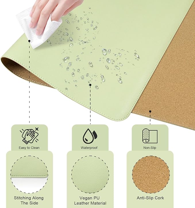 Non Slip Desk Mat, 31.5" x 15.7" PU Leather Desk Pad, Cork Desk Mat for Desktop, Desk Pad for Keyboard and Mouse, Ideal for Office and Home, Matcha