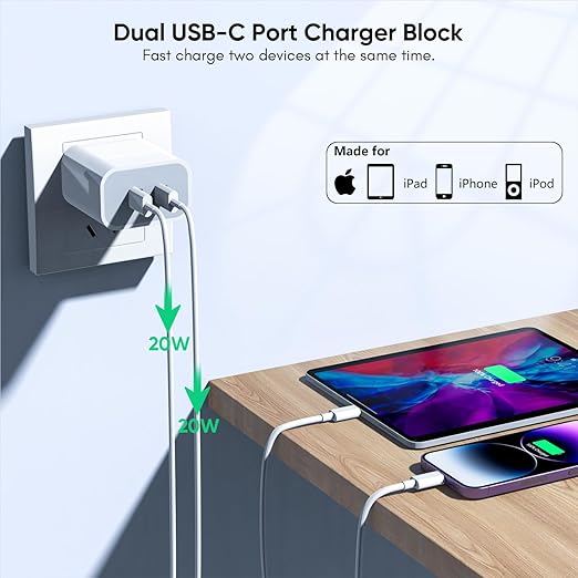 10FT iPhone Fast Charger,[Apple MFi Certified] 2Pack PD Dual Apple Fast Charger USBC Charge Block 10Foot Lightning Cable Cord Quick Charging for iPhone 14/Pro/Pro Max/Plus/13/12/11/XS/XR/X/SE2022/iPad