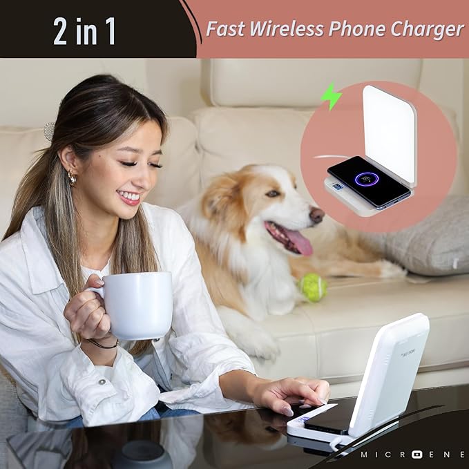 Light Therapy Lamp with Wireless Phone Charger Pad, 2 in 1, 10,000 Lux Bright White UV-Free LED, Anti-Glare, 5 Adjustable Brightness, Sunlight Lamp with Timer, Energy Booster