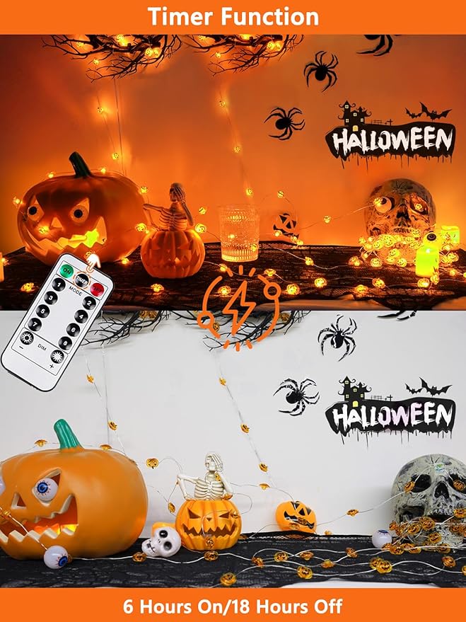 Halloween Fairy Lights Battery Operated 15Ft 40LED Orange Pumpkin String Lights 8 Modes with Remote, Warerproof Twinkle Lights with Timer for Indoor and Outdoor Halloween Decorations for Party Holiday