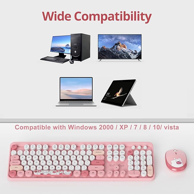 Fogruaden Wireless Keyboard and Mouse Combo, Pink Retro Typewriter Keyboard, 2.4GHz Full Size Round Keycap Cute Computer Keyboard with Number Pad, Pink Colorful Keyboard for Windows PC Laptop(Pink)
