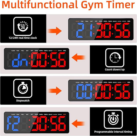 13" Gym Timer Clock, Workout Interval Timer with Remote Control, Count Down & Up Stopwatch, Adjustable Brightness, Large LED Digital Display, Fitness Digital Clock for Home/Garage/Boxing