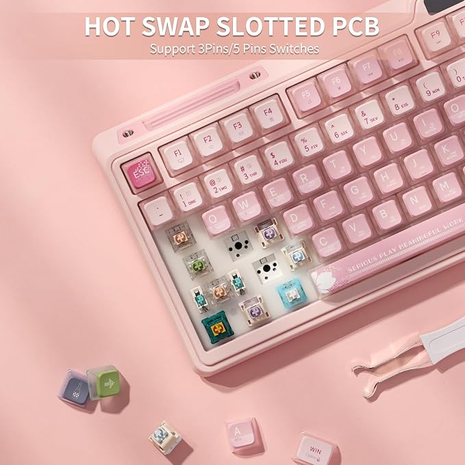 K75 PRO RGB 75% Wireless Gasket Mechanical Keyboard, Triple Mode BT 5.0/2.4G/USB-C 82 Keys Hot Swappable Gaming Keyboard w/Knob & Power Display, Custom Linear Switches, Sakura Pink