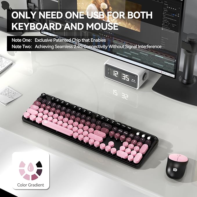 Wireless Keyboards Mouse Combos, Colorful Cute Typewriter Full-Size Retro Creamy Keyboard, 2.4GHz Sleep Mode Office Quiet Wireless Keyboard and Mouse Set for Desktop Laptop PC Computer-BlackBerry