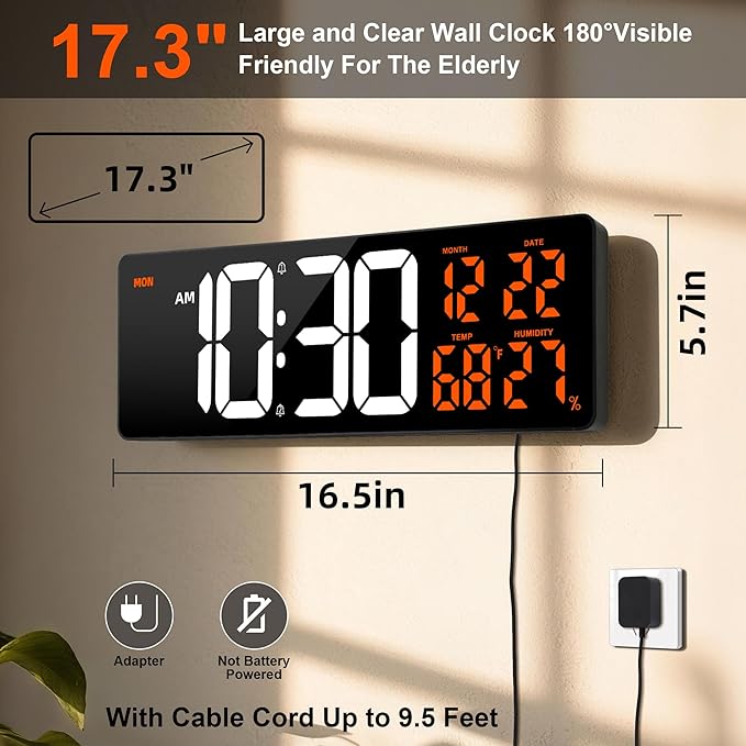 Large Digital Wall Mount Clock 17.3" Led Large Display with Jumbo Number, 8 Color Modes Atmosphere Lights, Auto-Dimming/DST, Count Down/Up Timer for Classroom Living Room Gym Gift for Senior Mom Dad