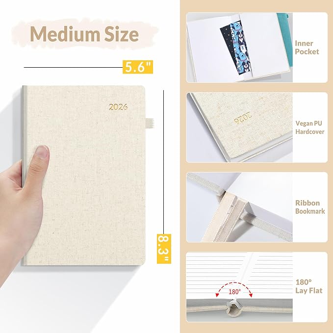 SUNEE 2026 Weekly & Monthly Hardcover Planner 5.5" x 8.3" - 12 Month (January 2026 - December 2026), Small Hardcover Planner, Pocket, Notes, 100 GSM Paper, Beige