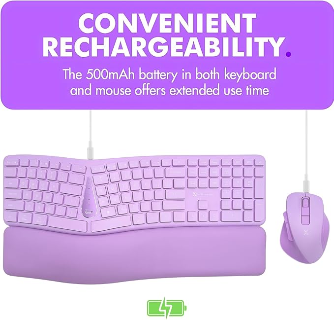 X9 Purple Ergonomic Keyboard Mouse Wireless Combo - Type Comfortably Longer - 2.4G/Bluetooth Split Keyboard, Multi-Device, Soft Wrist Rest, Rechargeable, Silent Ergo Keys - Laptop, PC, Mac,iOS,Android