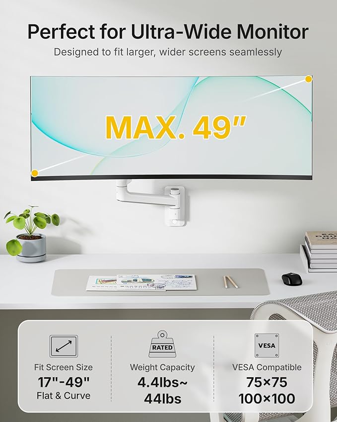 monTEK 17-49 inch Single Monitor Wall Mount for up to 44 lbs Ultrawide Screen, Premium Aluminum Heavy Duty Monitor Arm with Adjustable Gas Spring Arm, 75x75/100x100 VESA Mount, White