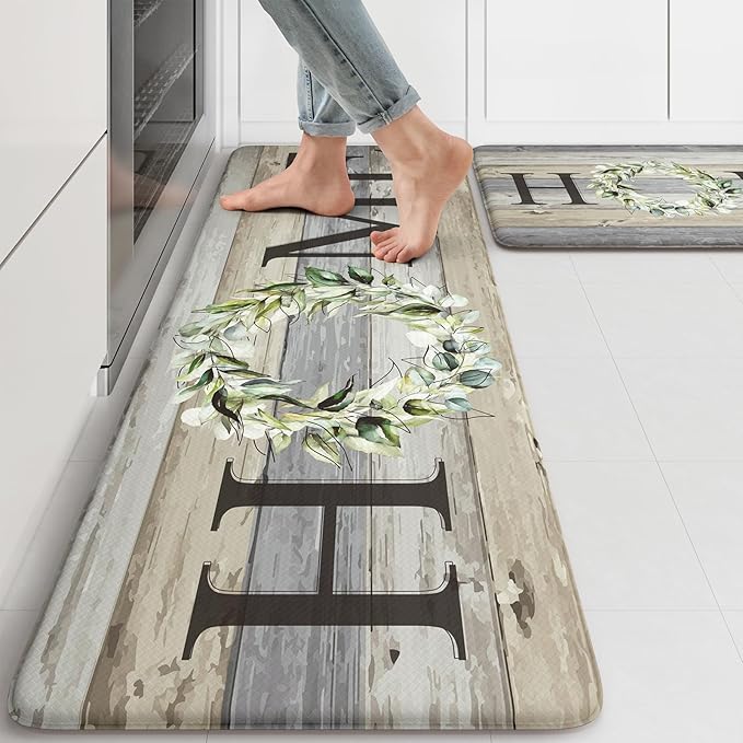 KIMODE Kitchen Mats for Floor 17"x47"+17"x29", Farmhouse Kitchen Rugs Sets of 2, Anti Fatigue Mats for Kitchen Floor, Cushioned Comfort Kitchen Floor Mats for Sink, Laundry, Desk Grey