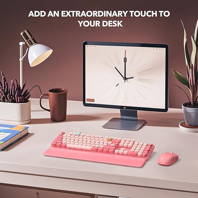 Wireless Keyboard and Mouse Combo - Retro Keyboard with Round Keycaps, Full-Size Typewriter Keyboard with Detachable Wrist Rest, 2.4GHz Connection for Mac/Windows/PC (Baby Pink)