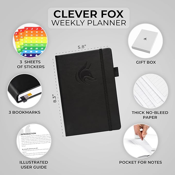 Clever Fox Planner – Undated Weekly & Monthly Planner for Productivity, Time Management & Goals – Organizer Journal – A5 (Black)