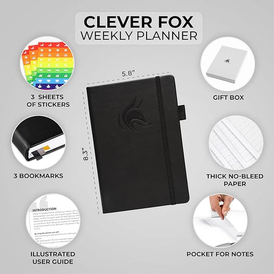 Clever Fox Planner – Undated Weekly & Monthly Planner for Productivity, Time Management & Goals – Organizer Journal – A5 (Black)